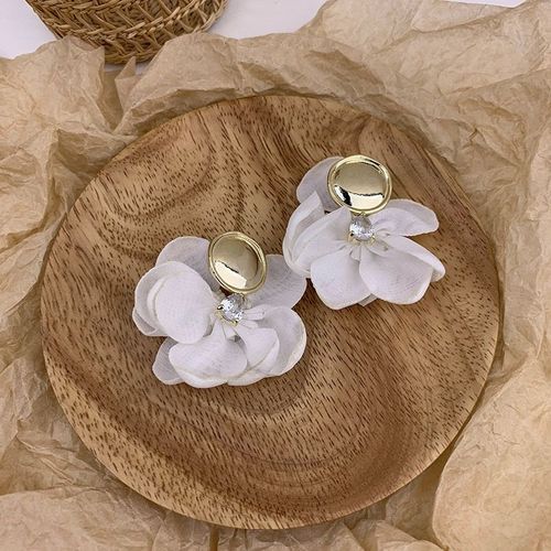 Fil De Bijoux Tendance, Doux Tempérament, Disque Métallique, Tissu Blanc Fleur Cristal, Boucles D'oreilles Pour Femmes, Nouvelle Collection 2021