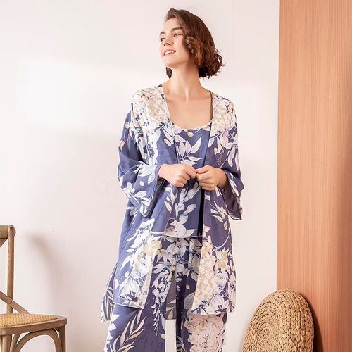 Pyjama Imprimé Fleuri Pour Femmes,Tenue De Nuit 3 Pièces Avec Gilet,Débardeur Et Pantalon,Doux Et Confortable,Imprimé Feuilles Roses