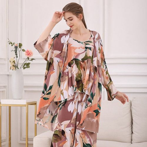 Pyjama Imprimé Fleuri Pour Femmes,Tenue De Nuit 3 Pièces Avec Gilet,Débardeur Et Pantalon,Doux Et Confortable,Imprimé Feuilles Roses