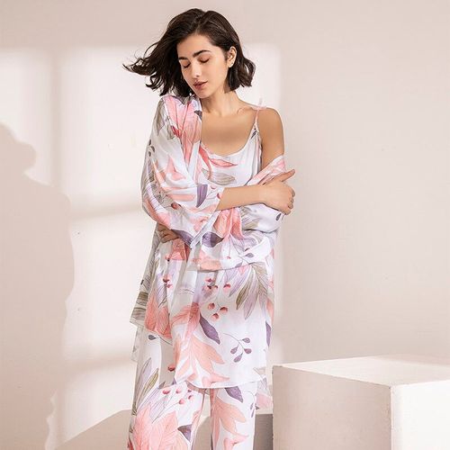 Pyjama Imprimé Fleuri Pour Femmes,Tenue De Nuit 3 Pièces Avec Gilet,Débardeur Et Pantalon,Doux Et Confortable,Imprimé Feuilles Roses