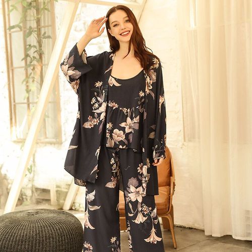 Pyjama Imprimé Fleuri Pour Femmes,Tenue De Nuit 3 Pièces Avec Gilet,Débardeur Et Pantalon,Doux Et Confortable,Imprimé Feuilles Roses