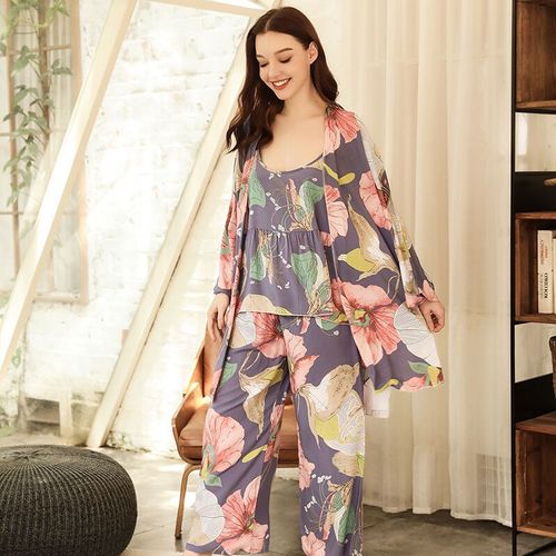 Pyjama Imprimé Fleuri Pour Femmes,Tenue De Nuit 3 Pièces Avec Gilet,Débardeur Et Pantalon,Doux Et Confortable,Imprimé Feuilles Roses