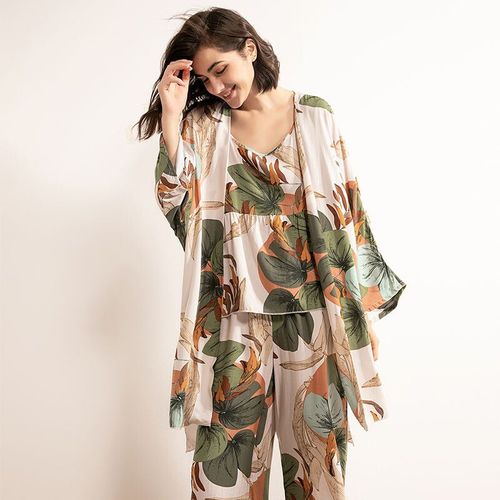 Pyjama Imprimé Fleuri Pour Femmes,Tenue De Nuit 3 Pièces Avec Gilet,Débardeur Et Pantalon,Doux Et Confortable,Imprimé Feuilles Roses