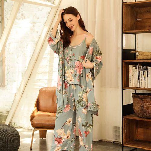 Pyjama Imprimé Fleuri Pour Femmes,Tenue De Nuit 3 Pièces Avec Gilet,Débardeur Et Pantalon,Doux Et Confortable,Imprimé Feuilles Roses
