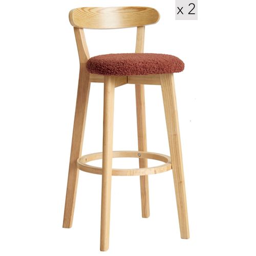 Lot De 2 Tabourets De Bar En Hévéa Et Bouclettes Terracotta