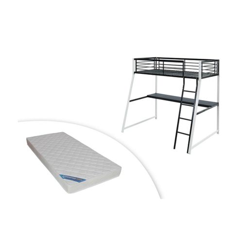 Lit Mezzanine Malicia - 90 X 190 Cm - Bureau Intégré - Noir Et Blanc + Matelas
