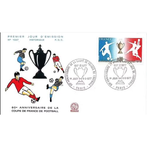 France 1977, Très Belle Enveloppe 1er Jour Fdc 1027, Timbre Yvert 1940, 60eme Anniversaire De La Coupe De France De Football, Cachet De Paris. -