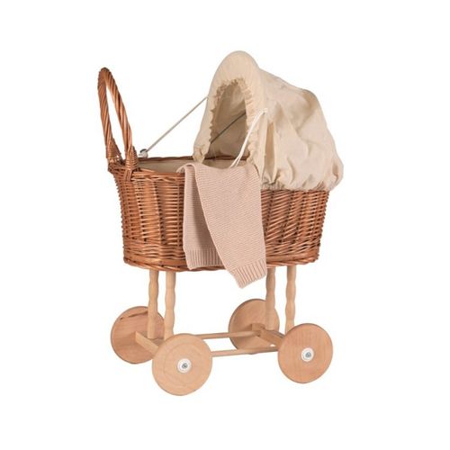 Landau En Osier Ecru Avec Couverture Tricotee