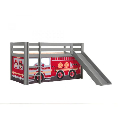 Vipack Pino Lit Mezzanine Avec Toboggan Pin Massif + Rideau De Lit Firemen
