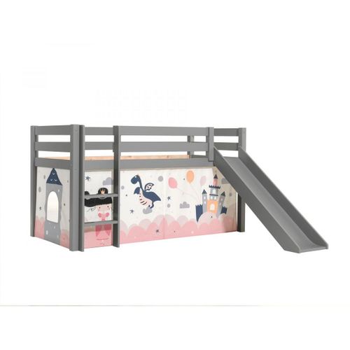 Vipack Pino Lit Mezzanine Avec Toboggan Pin Massif Gris + Rideau Pour Lit En 4 Parties Princess