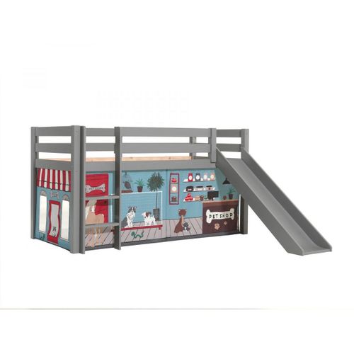 Vipack Pino Lit Mezzanine Avec Toboggan Pin Massif Gris + Rideau Pour Lit En 4 Parties Animalerie