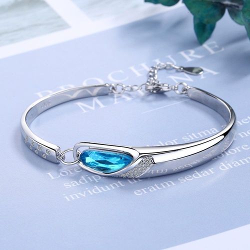 Bracelet Géométrique En Argent Sterling 925 Et Cristal Bleu Pour Femmes, Bijoux De Fête Et De Mariage, Sl311