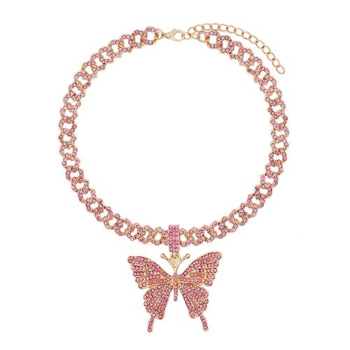 Collier Avec Grand Pendentif Papillon En Strass Scintillant Pour Femmes, Chaîne Cubaine En Cristal Rose Bleu, Bijoux Rock Rappeur
