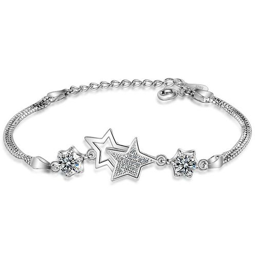 Bracelet Double Couche En Argent Sterling 925, Chaîne En Cristal, Étoile À Breloques, Bijoux De Mariage Pour Femmes Sl076