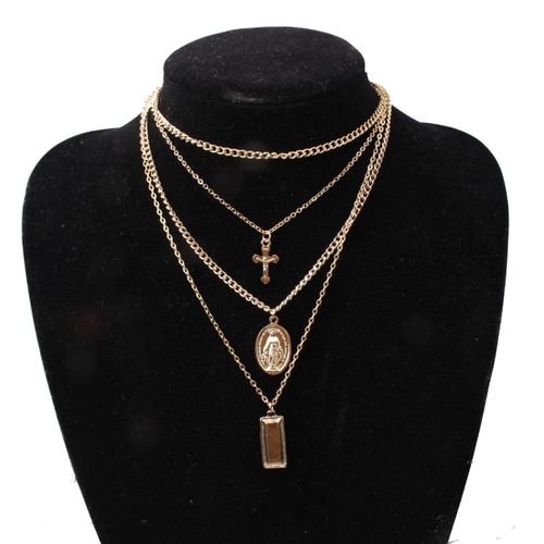 Collier Avec Pendentif Multi Couches Pour Femmes, Bijoux Populaires Occidentaux, Personnalité Rétro Exagérée, En Alliage, Croix De Notre Dame