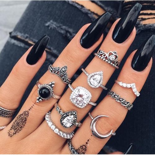 Ensemble De 10 Pièces De Strass Vintage, Couronne Creuse Noire, Bague Feuille Géométrique Goutte De Lune, Ensemble Pour Cadeaux Féminins, Vente En Gros