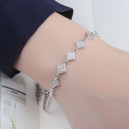 Bracelet Double Couche En Argent Sterling 925 Pour Femmes, Chaîne À Maillons Avec Perles Carrées En Cristal, Bijoux De Mariage Sl074