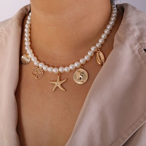 Collier En Alliage De Zinc Pour Femmes, Perle, Tête De Poisson, Coquille, Chaîne De Cou Bohème, Chaîne De Clavicule, Dentelle