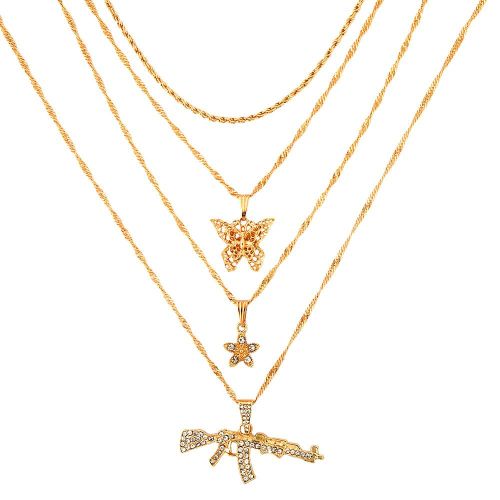 Collier À Chaîne Torsadée En Cristal Pour Femmes, Bijoux Multicouches, Couleur Or, Pendentif Fleur Papillon, Bijoux Hip Hop