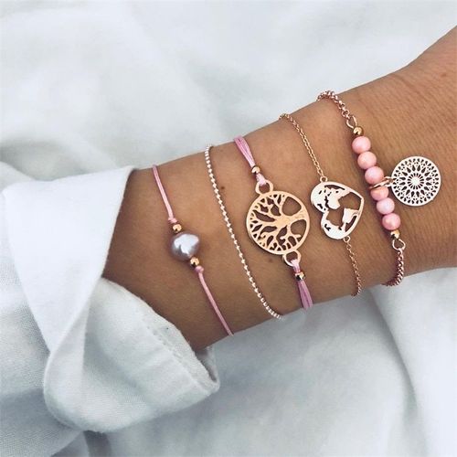 Bijoux Avec C¿Ur Perle Ajourée, Ensemble Bracelet Cinq Pièces, Style Mode, Cadeau D'anniversaire Pour Femme, Offre Spéciale