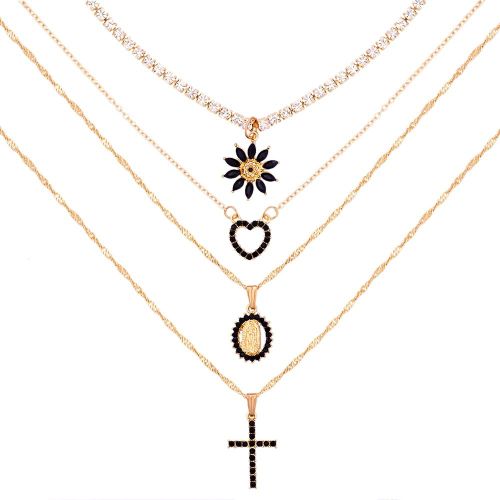 Collier En Cristal Noir Avec Pendentif En Forme De C¿Ur Ou De Croix Pour Femme, Bijou Vintage À Multicouches, Chaîne De Clavicule, Ras Du Cou, Cadeau Idéal, Nouvelle Collection