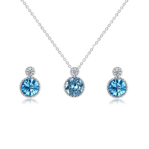Ensemble De Bijoux En Argent Sterling 925 Pour Femmes Et Filles, Collier Et Boucles D'oreilles À Breloques Rondes En Cristal Bleu, Élégant, Eh1206