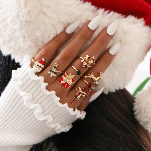 Bijoux Européens Et Américains Avec Arbre De Noël, Baguette, Père Noël, N¿Ud, Wapiti, Bague En Strass, Ensemble De 8 Pièces, Cadeaux De Fête