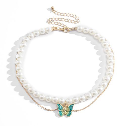 Collier En Imitation De Perle Blanche, Bijoux À La Mode, Élégant, Vert, Chaîne En Croix Papillon, Offre Spéciale