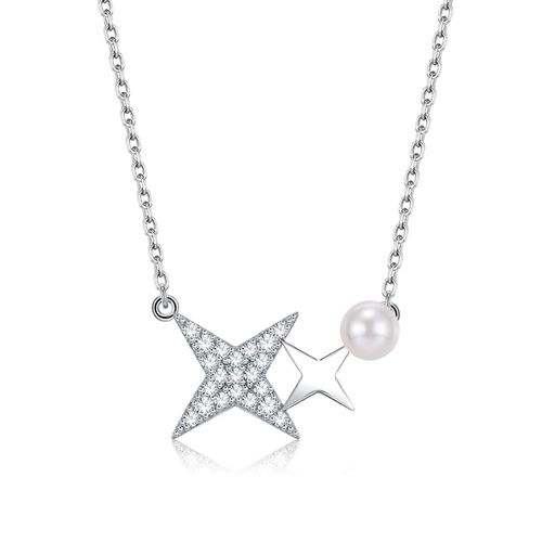 Collier À Pendentif Étoile En Argent Sterling S925 Pour Femmes, Perle Lisse Avec Zircon Cubique, Chaîne, Cadeau De Festival Pour Filles