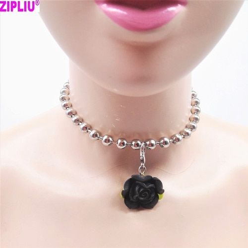 Collier Ras Du Cou Avec Perles En Métal, 8mm, Noir, Rose, Fleur