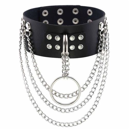 Collier Chaîne À Couches En Cuir Pu Noir, Punk, Ras Du Cou, Pendentif Gothique, Bijoux Ras Du Cou Pour Femmes