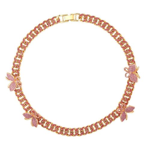 Collier À Pendentif Papillon Rose Pour Femmes, Chaîne Cubaine Hip Hop De 12mm, Collier Ras Du Cou En Strass Scintillant, Bijoux À La Mode, Cadeau De Fête