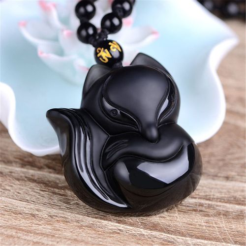 Collier Pendentif En Obsidienne Noire Naturelle, Bijoux Pour Femmes Et Hommes, Cadeau, Perles Sculptées En Cristal Renard 46x38mm, Pierre Précieuse Aaaaa