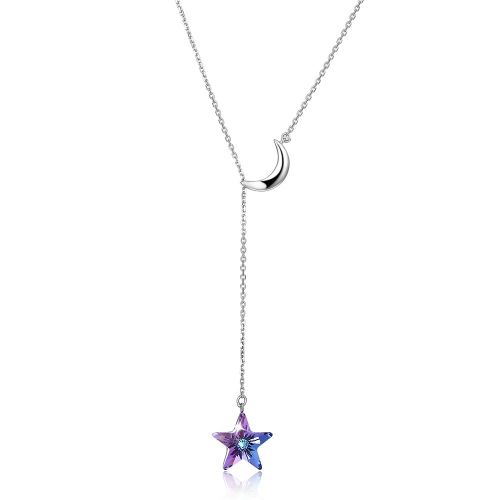 Collier En Argent Sterling 925 Avec Double Pendentif Lune Et Étoile Pour Femmes, Chaîne En Cristal Autrichien Violet, Bijoux Fins