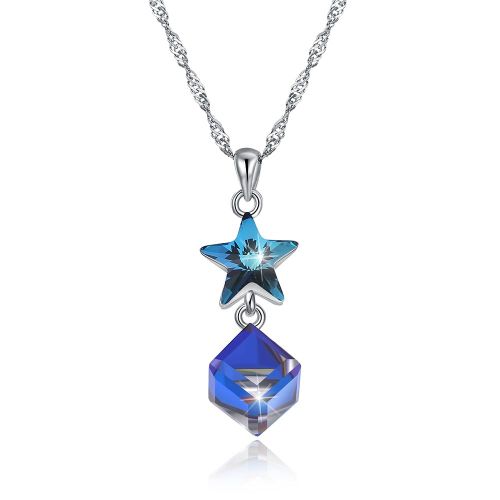 Collier Étoile Carré Bleu Pour Femmes, En Argent Sterling 925, Pendentif En Cristal Autrichien, Cadeau De Saint Valentin