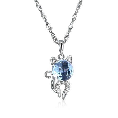 Collier Avec Pendentif Chat Mignon Pour Femme, En Argent Sterling 925, Zircon Cubique Bleu, Bijoux De Mariage