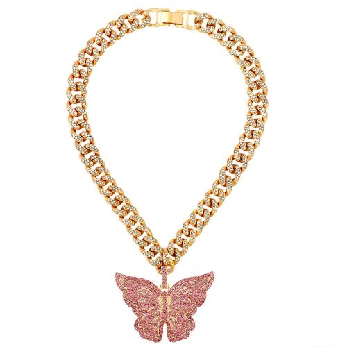 Collier En Chaîne Cubaine Glacé De Luxe Pour Femmes, Strass Multicolore, Grand Pendentif Papillon, Bijoux De Déclaration