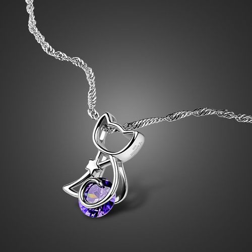 Pendentif Romantique En Zircon Violet Éblouissant Pour Femme, Collier Élégant En Argent Massif 925 Avec Chat Bijoux