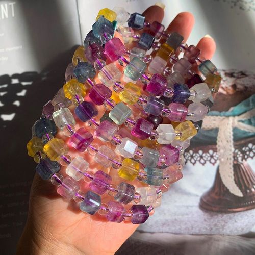 Bracelet À Quartz En Fluorite Colorée Naturelle Pour Hommes Et Femmes, Pierres Précieuses Transparentes, Forme De Cube Rectangulaire, 8x8mm, Rouge, Bleu, Fluorite, Aaaaa