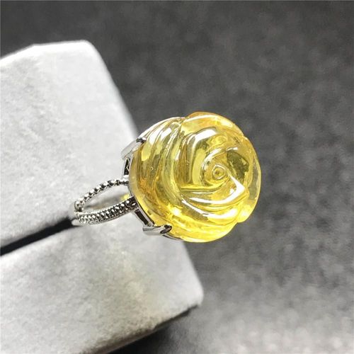 Bague Jaune Ambre Naturelle De 14mm Pour Femmes Et Hommes, Cadeau De Guérison, Cristal, Argent, Perles De Pierre, Anneau Réglable, Fleur Sculptée, Bijoux Aaaaa