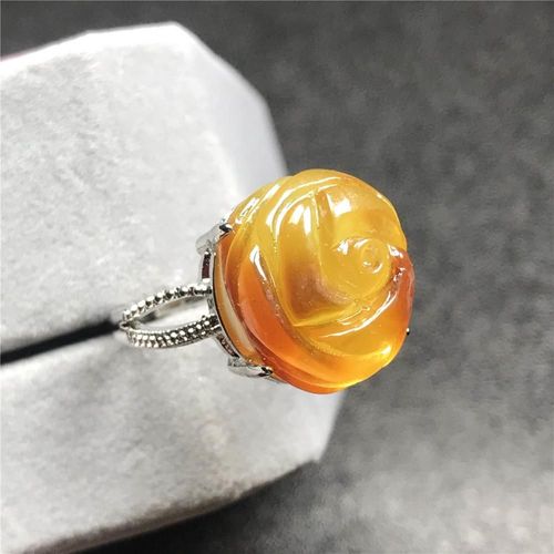 Bague Jaune Ambre Naturelle Pour Femme, Bijou En Cristal, Fleur Sculptée, Perles De 15x14mm, Pierre Précieuse En Argent, Ajustable, Aaaaa