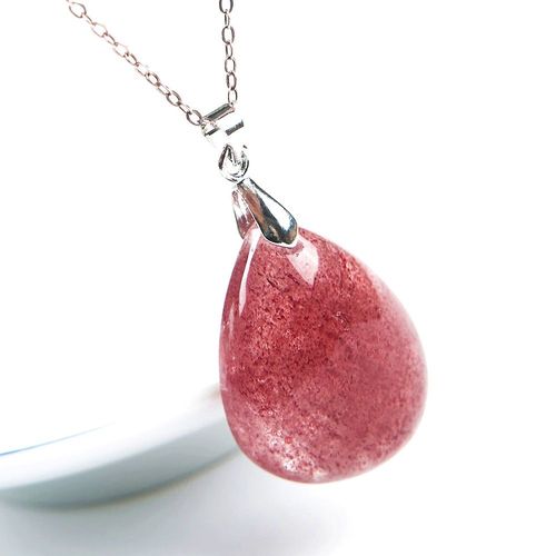 Collier Avec Pendentif En Quartz Naturel Pour Femme, Bijou En Forme De Goutte D'eau, Couleur Fraise, Pour Cadeau D'anniversaire, Chaîne En Argent, 25x18x8mm, Aaaaa