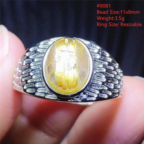 Bague Ajustable En Quartz Rutilé Or Naturel, Ovale, Argent, Perle Claire Rutilée Jaune, Pierres Riches, Bijoux Aaaaa