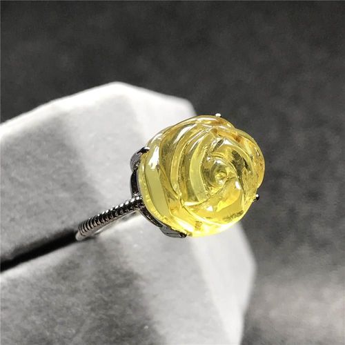 Bague Naturelle Jaune Ambre Pour Femmes Et Hommes, Bijoux Cadeau D'amour, Pierre Sculptée En Cristal Et Fleur 13x12mm, Perles En Argent Réglables Aaaaa