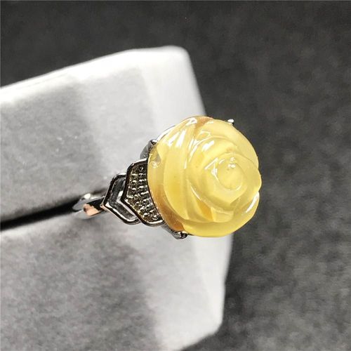 Bague Jaune Ambre Naturelle Authentique Pour Femme Et Homme, 13mm, Perles De Cristal Sculptées, Pierre En Argent, Réglable, Bijoux Aaaaa