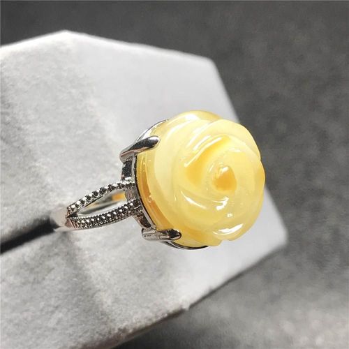 Bague En Ambre Jaune Avec Fleur Naturelle Sculptée Pour Homme Et Femme, 15x14mm, Perles De Cristal, Pierre En Argent, Ajustable, Aaaaa