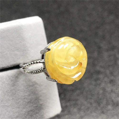 Bague Jaune Ambre Naturelle Pour Femme Et Homme, 15mm, Perles De Cristal Sculptées, Pierre En Argent, Réglable, Bijoux Aaaaa