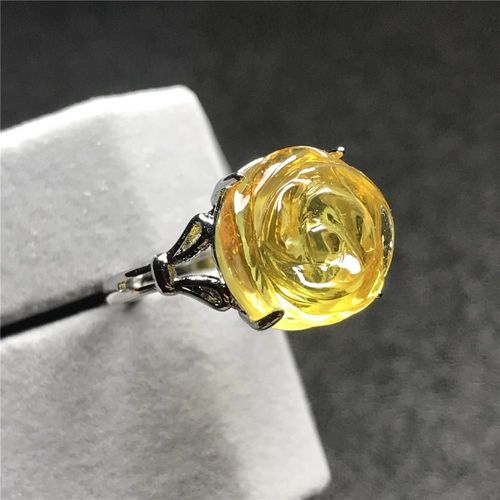 Bague Jaune Ambre Avec Fleur Naturelle Sculptée, Bijoux Pour Homme Et Femme, Perles En Cristal, Pierre En Argent, Ajustable, 13mm, Aaaaa