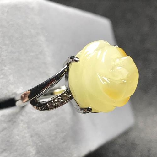 Bague Jaune Ambre Naturelle Pour Hommes Et Femmes, Bijoux De 13mm, Cadeau D'amour, Perles De Cristal, Fleur En Argent, Pierre Sculptée, Anneau Réglable Aaaaa