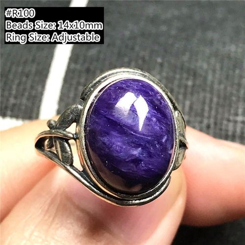 Bague Charoite Violette Naturelle Pour Femme Et Homme, Perle Ovale En Argent Et Cristal, Pierre Précieuse Porte Bonheur, Taille Réglable, Aaaaa